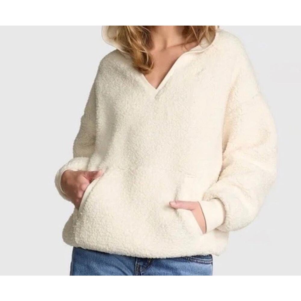 PINK VICTORIA'S SECRET COZY SHERPA FLEECE VARSITY OVERSIZED HOODIE IVORY SZ S